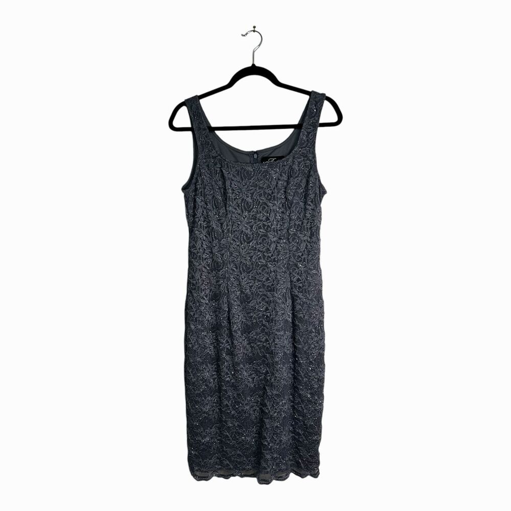 Alex Evenings Lace Sheath Cocktail Dress Blue Gray Sz 10 Sleeveless Sparkle